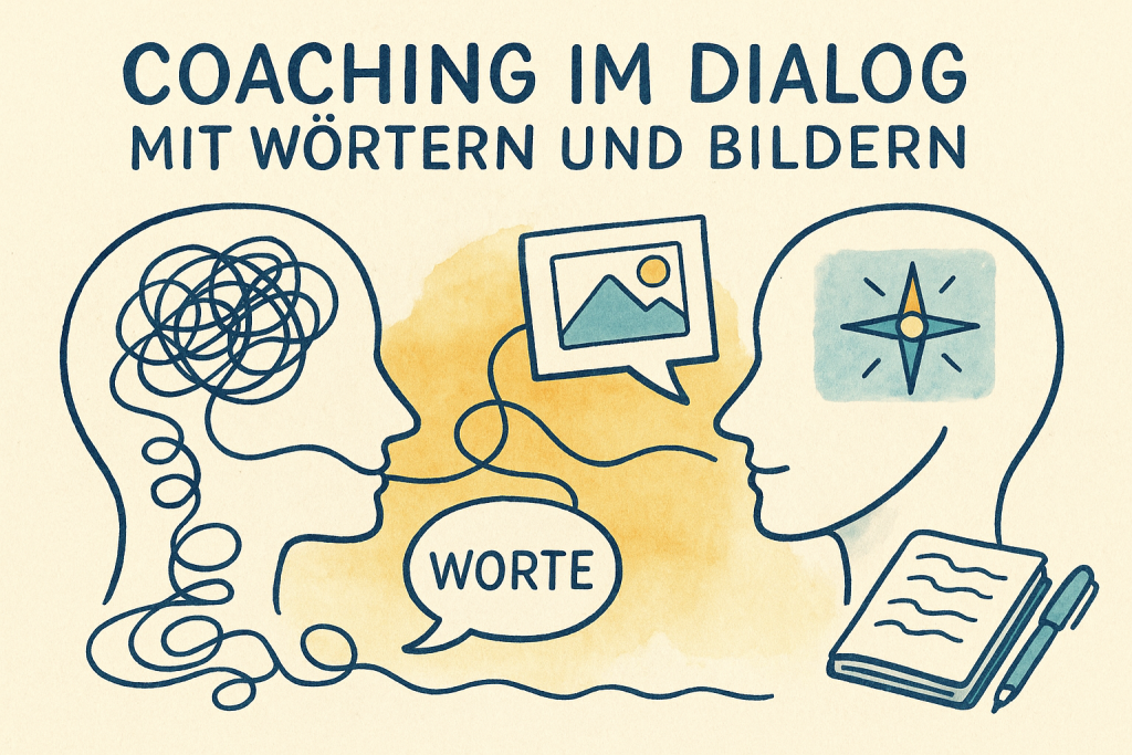 „Handgezeichnete Ink-&-Aquarell-Illustration: Links zeigt ein Kopf verschlungene Linien als Gedankenchaos. Ein Dialogfaden führt zu einem zweiten Kopf, in dem ein Kompass Klarheit symbolisiert. Sprechblase mit ‚WORTE‘, Bildblase mit Landschaft, Notizbuch und Stift verweisen auf Coaching mit Sprache und Bildern. Farbwelt: Dunkelblau, Gold, Teal auf warmem Off-White.“