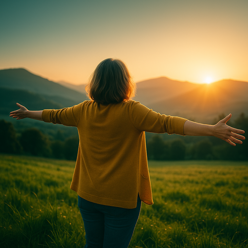 FreiRaum Mentoring – Frau mit offenen Armen im Abendlicht: Freiheit, Weite und Neubeginn.“