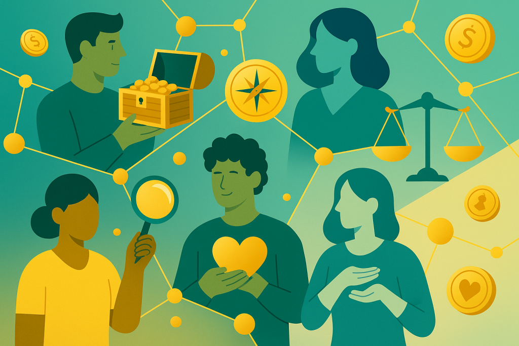 „Geld-Archetypen Test – Collage verschiedener Persönlichkeiten mit Schatztruhe, Kompass, Waage, Herz und Lupe, verbunden durch ein goldenes Netzwerk.“