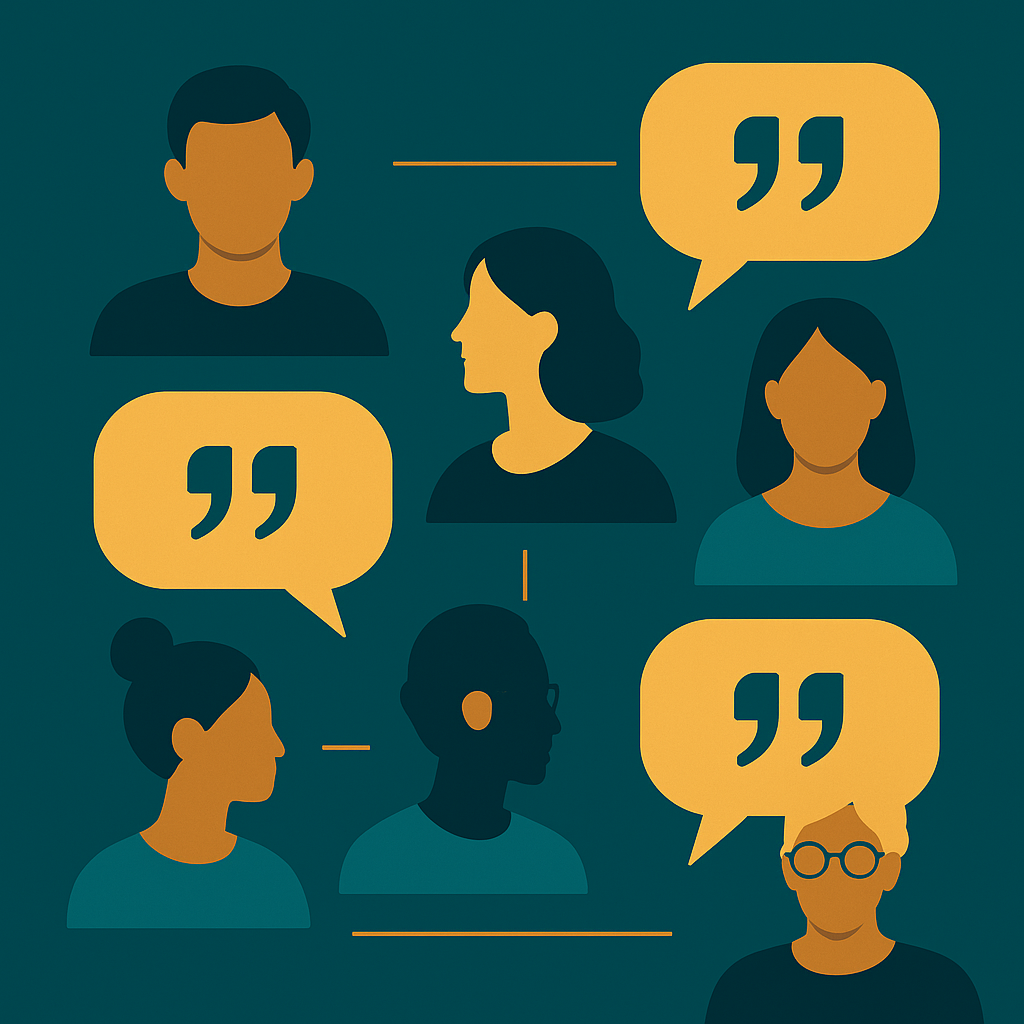 „Kundenreferenzen – stilisierte Personen mit goldenen Sprechblasen als Symbol für echte Erfahrungen und Feedback.“
