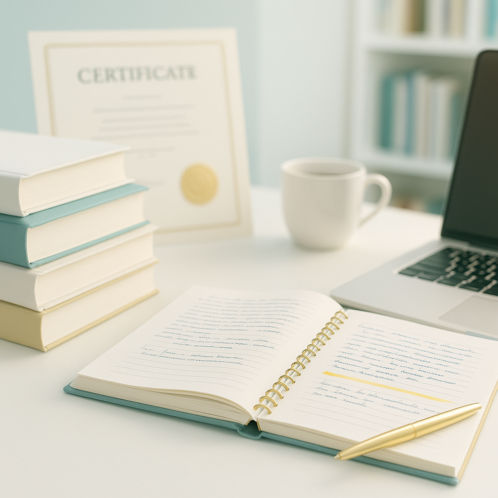 „Referenzen und Quellen zu Coaching und Beratung – Bücherstapel, offenes Notizbuch, Zertifikat, Laptop und Kaffeetasse im Tageslicht, mit dezentem Goldakzent.“