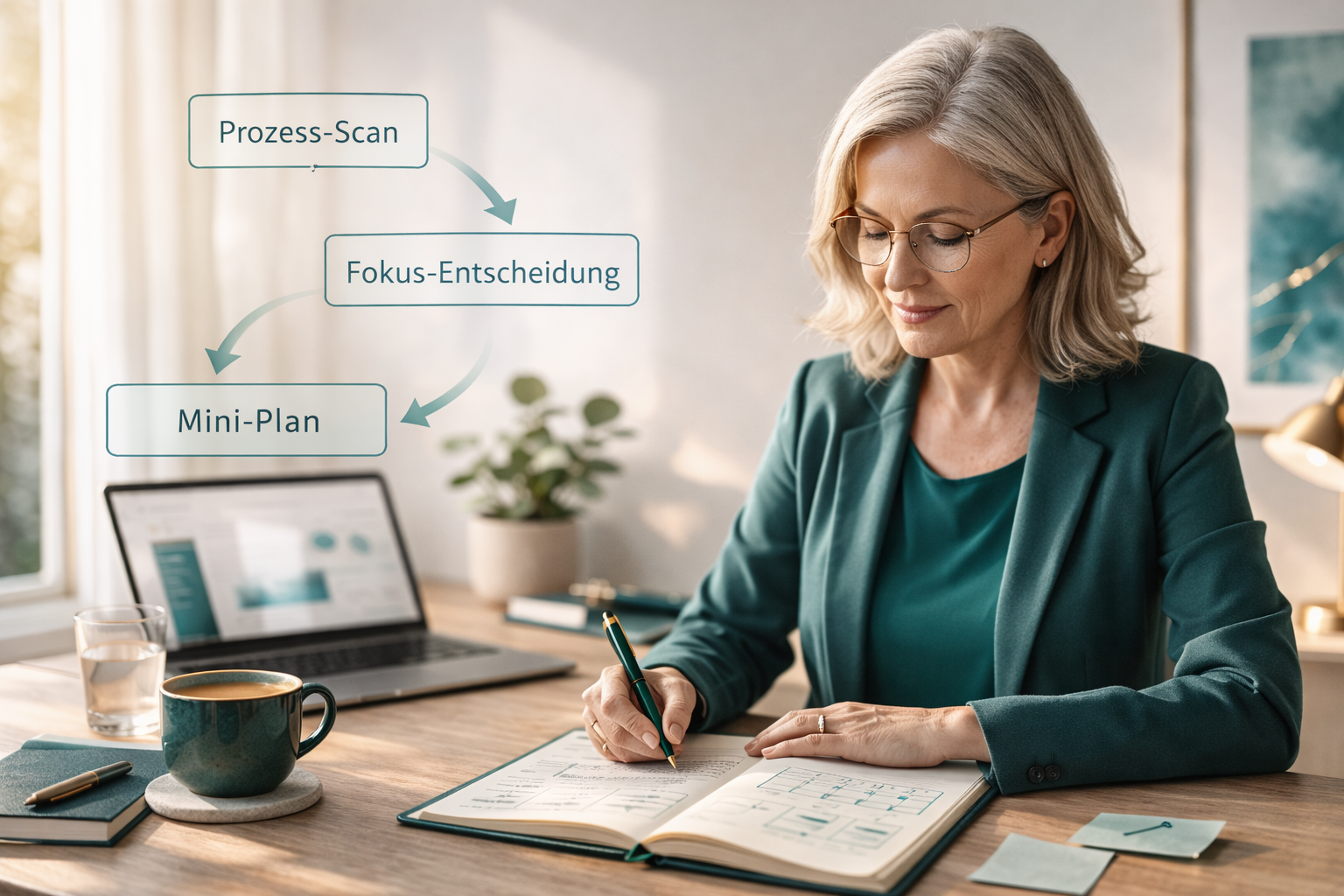 Selbstständige Frau am Schreibtisch plant mit KI-Unterstützung: Prozess-Scan, Fokus-Entscheidung und Mini-Plan für effizienteres Arbeiten im Homeoffice